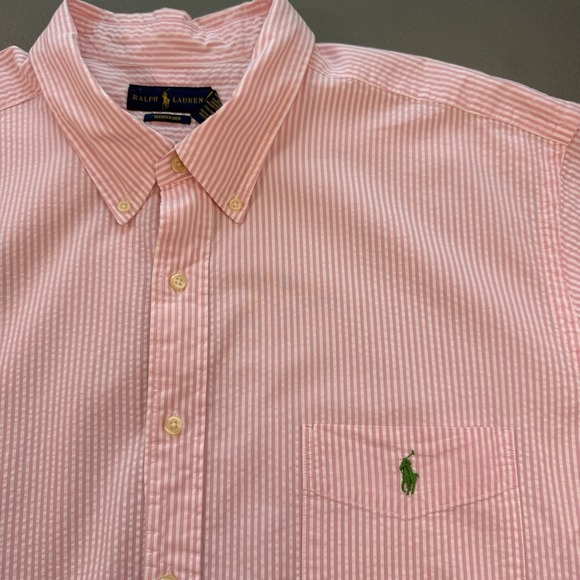 Ralph Lauren Men's Shirt Pink White Striped Seersucker Green Pony Size 3XL Tall - Picture 1 of 12